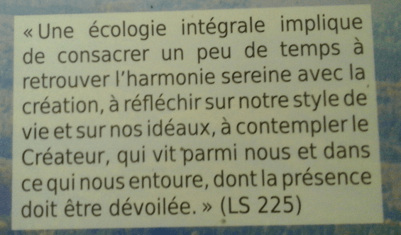 Text from encyclical Laudato si' by pope Francis about full ecology and serene harmony - Extrait de l'Encyclique sur l'écologie Laudato si' du pape François sur l'écologie intégrale et l'harmonie sereine