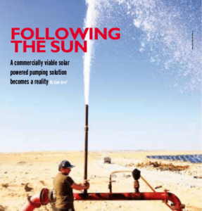 First water flow from the first high capacity solar water pump in the MENA region or the world, by KarmSolar, in 2013, in Bahareya Oasis, Egypt - Premier jet d'eau venant de la première pompe à eau à énergie solaire de haute capacité au Moyen-Orient ou dans le monde, par KarmSolar, en 2013, à l'oasis de Bahareya en Egypte